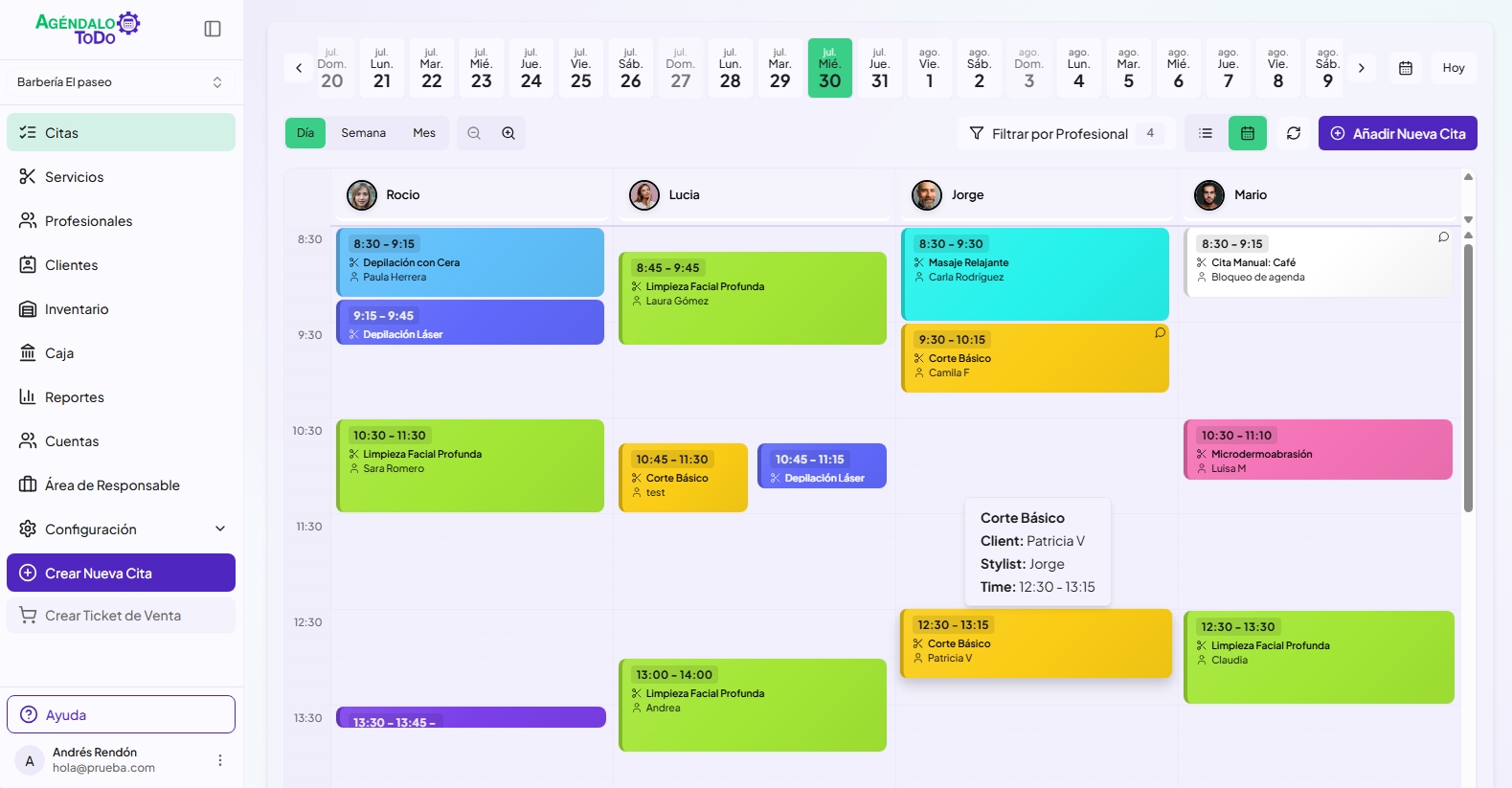 Vista de agenda en escritorio